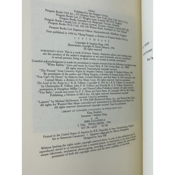 INSOMNIA by Stephen King Vintage 1994 Viking Hardcover Book Horror Suspense - Picture 11 of 12